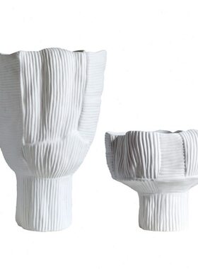 创意编织纹高脚花器简约小清新白色陶瓷花瓶客厅餐桌茶几装饰摆件
