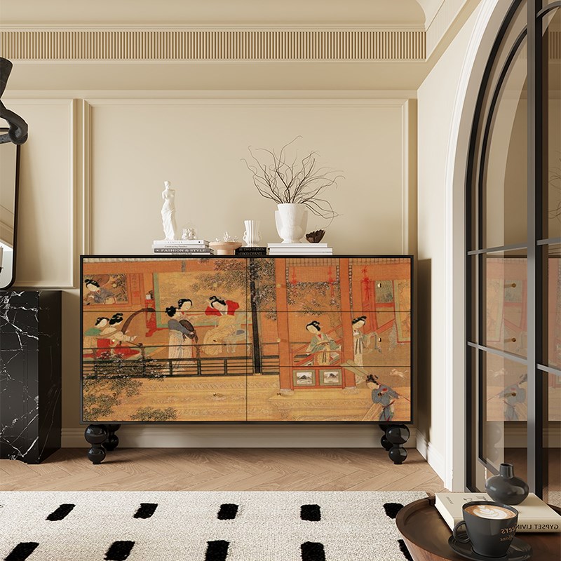 新中式仕女图家用六斗柜卧u室床尾置物柜客厅收纳储藏柜实木玄关