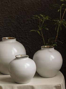 陶瓷花瓶复古新中式白色圆肚陶艺摆件禅意插花艺干花民宿装饰花器