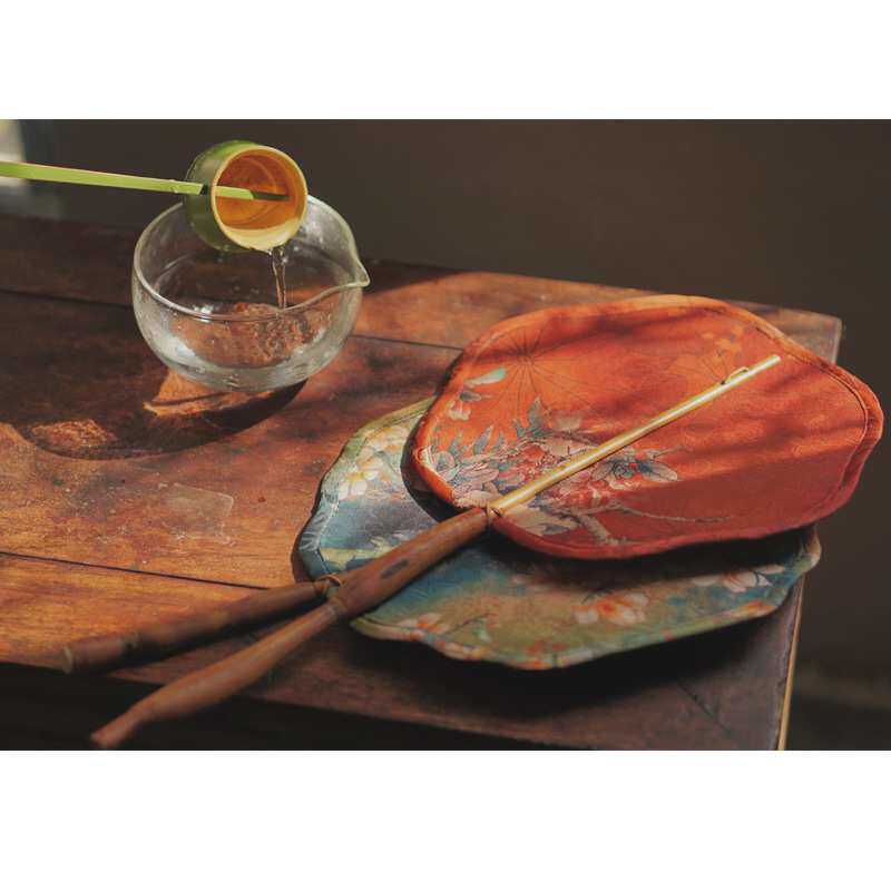 筇竹竹编扇子古典缎面印花扇大漆竹编扇子汉服中国风手工团扇古风