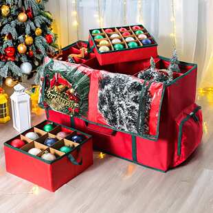 圣诞装饰品收纳箱可拆卸托盘73个球可调节空间适用摆件装饰收纳盒