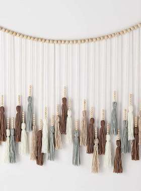 流苏挂毯棕灰色波西米亚木珠流苏棉绳壁挂挂毯家居装饰80L*70Hcm