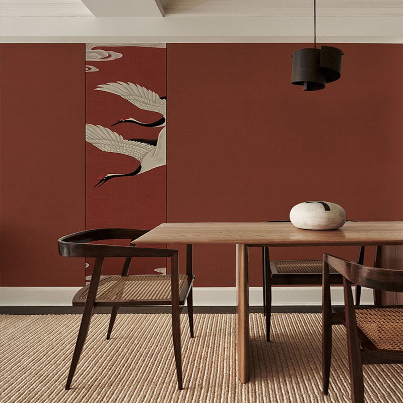 仙鹤禅意中式壁纸古典红色墙纸无缝墙布无纺布电视W背景墙定制壁