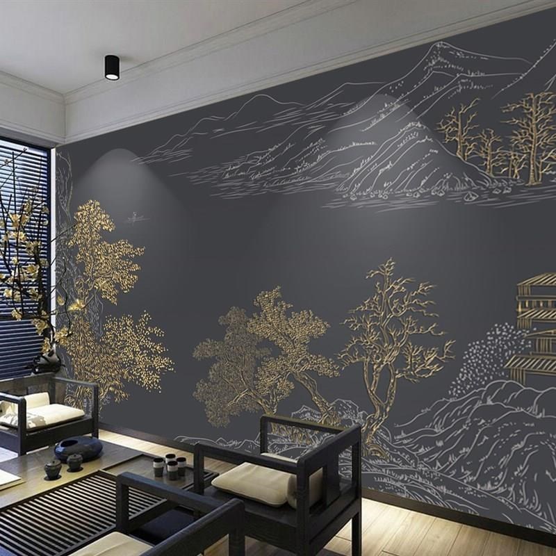 复古唯美新中式无缝墙布山水树木金色浮雕线条电视背X景墙墙纸壁