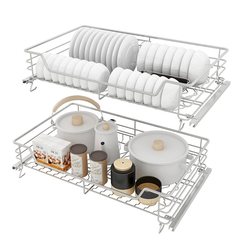 现货速发厨房拉篮04不锈钢双层缓冲抽屉式碗盘柜开门X式调味篮整