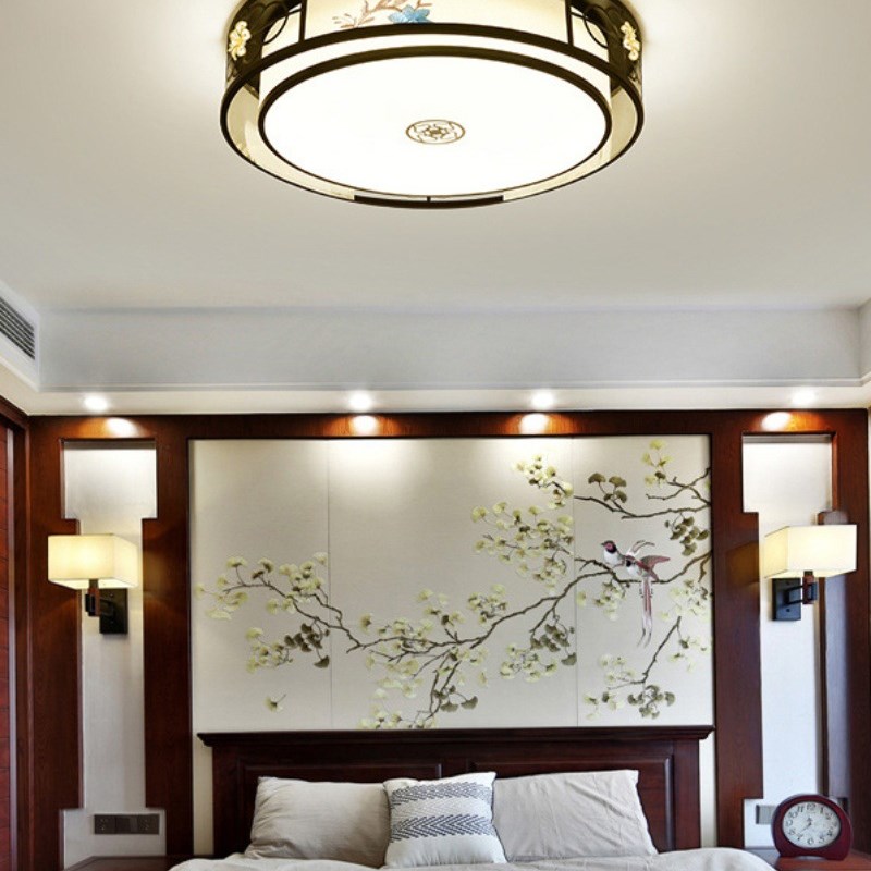 新中式吸顶灯 方形简约平板刺绣布艺卧室大O气灯具 禅意风书房