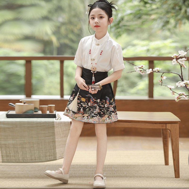 女童夏季中国风短款马面裙套装2024新中式小女孩唐装古风汉服裙子图片