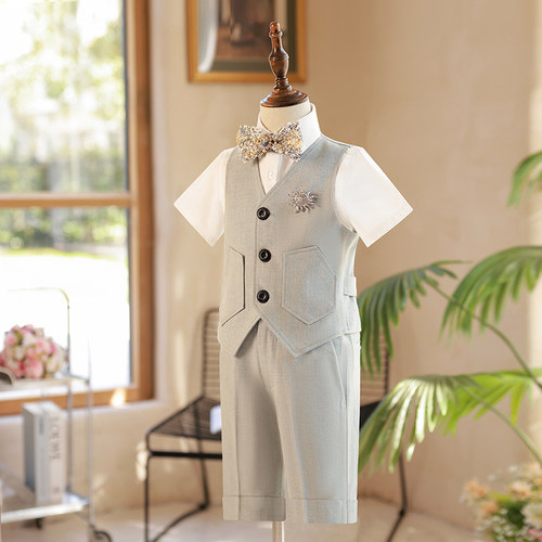 儿童西装套装男童礼服花童生日走秀马甲男孩演出主持人西服短袖夏