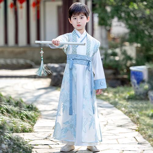 儿童汉服唐装国风男童春秋款2024新款夏季古风国学服诗朗诵演出服