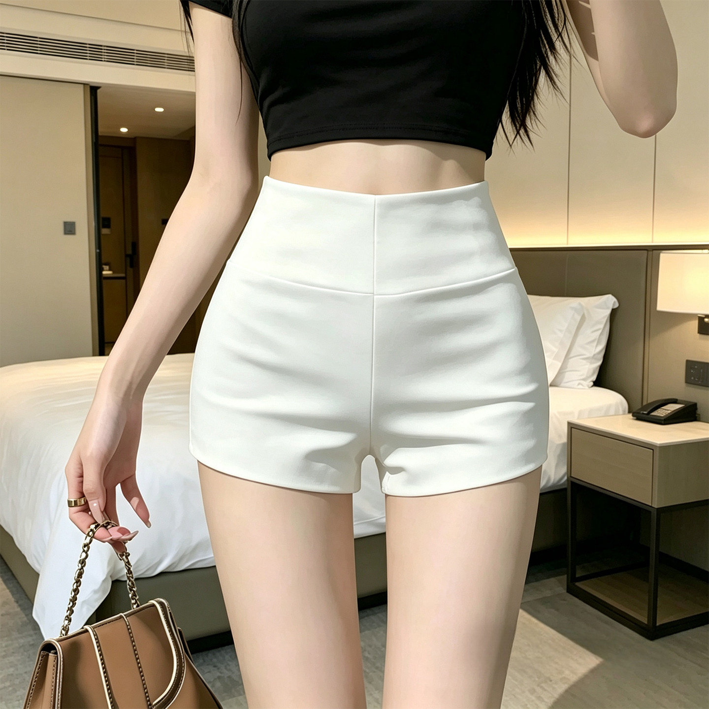白色辣妹高腰短裤女夏季2
