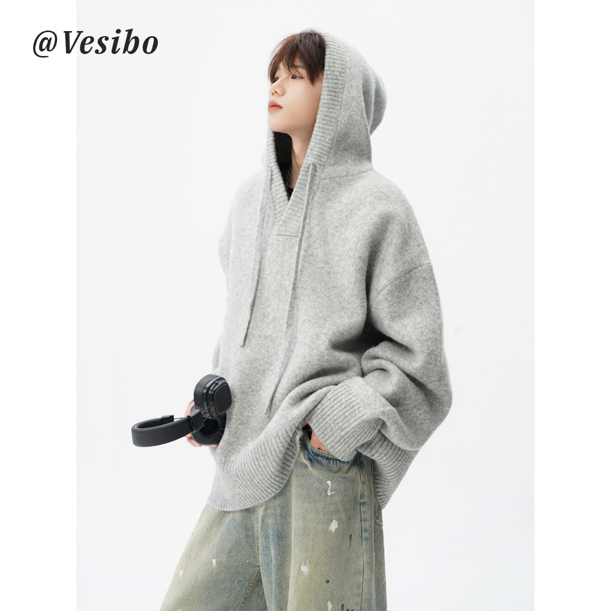 美式连帽针织衫外套男秋