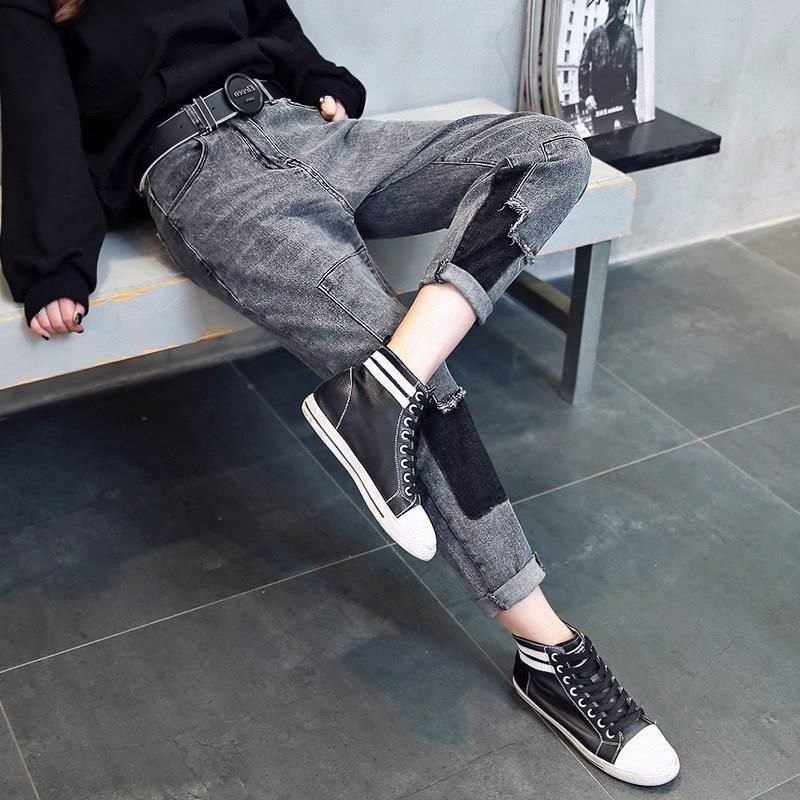 拼接牛仔裤女春秋装韩版2024新款老爹直筒宽松显瘦修身哈伦裤子女,女装/女士精品,牛仔裤,淘宝优惠券,粉丝福利购,淘宝优惠卷