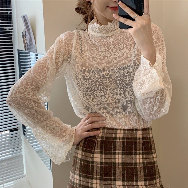 秋冬新款大码胖mm镂空高领网纱打底衫女喇叭长袖蕾丝内搭小衫上衣,女装/女士精品,蕾丝衫/雪纺衫,淘宝优惠券,粉丝福利购,淘宝优惠卷