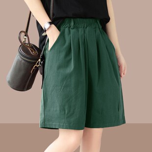 女2024新款 纯色透气阔腿中裤 夏季 高腰宽松显瘦五分裤 薄款 休闲短裤