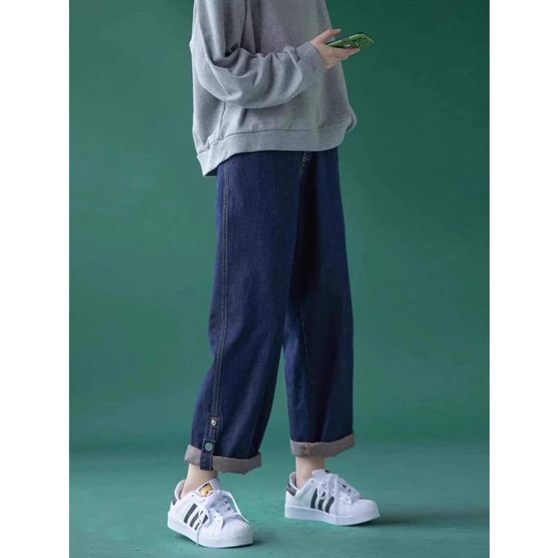 深蓝色卷边阔腿牛仔裤女