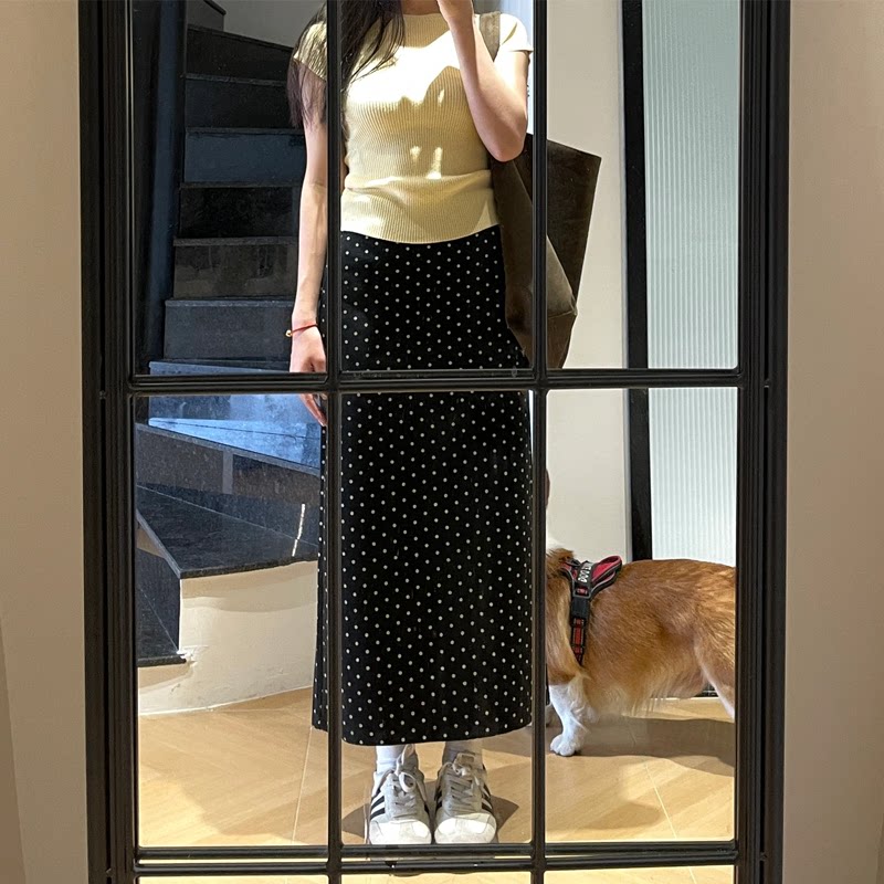 黑色波点半身裙女款中长