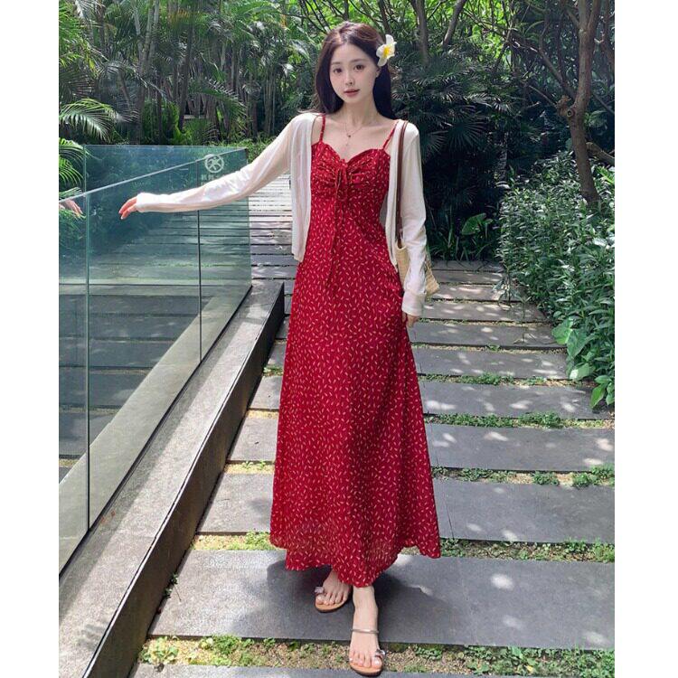 碎花红色洋装女春夏款微