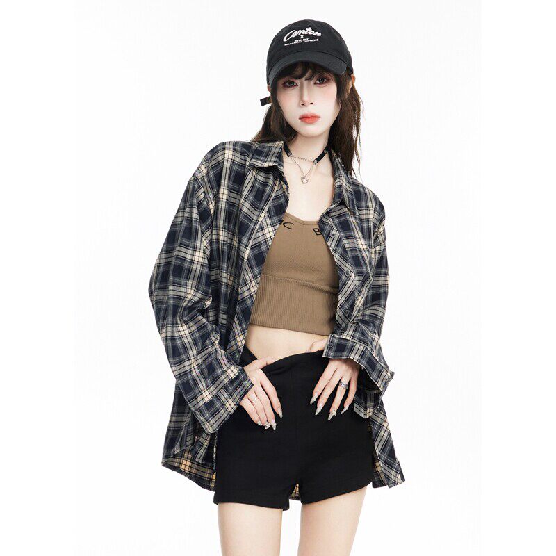 藏青色格子衬衫女防晒服2