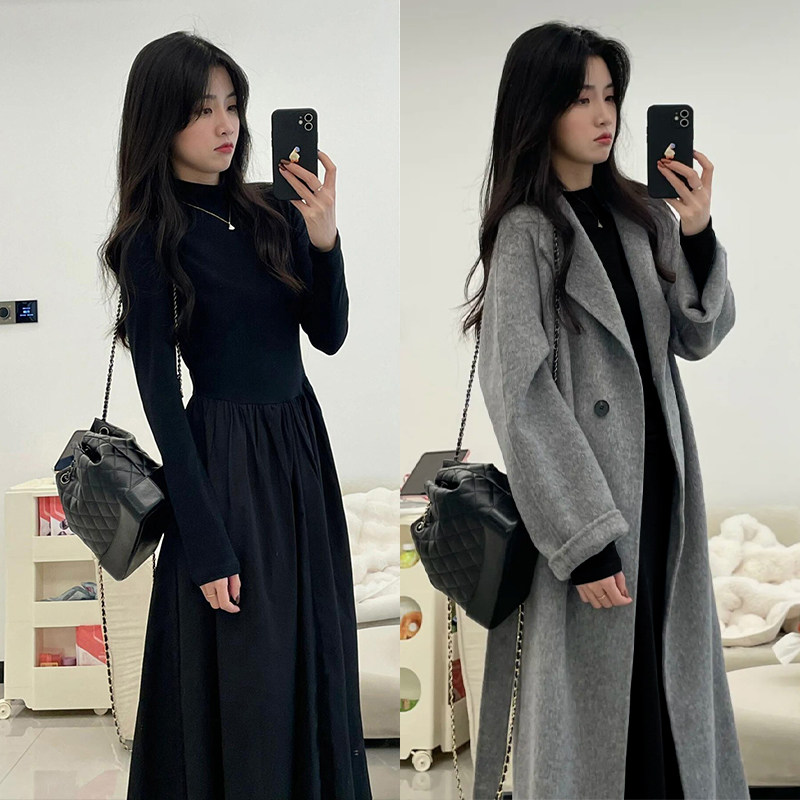 秋季黑色长袖针织洋装女