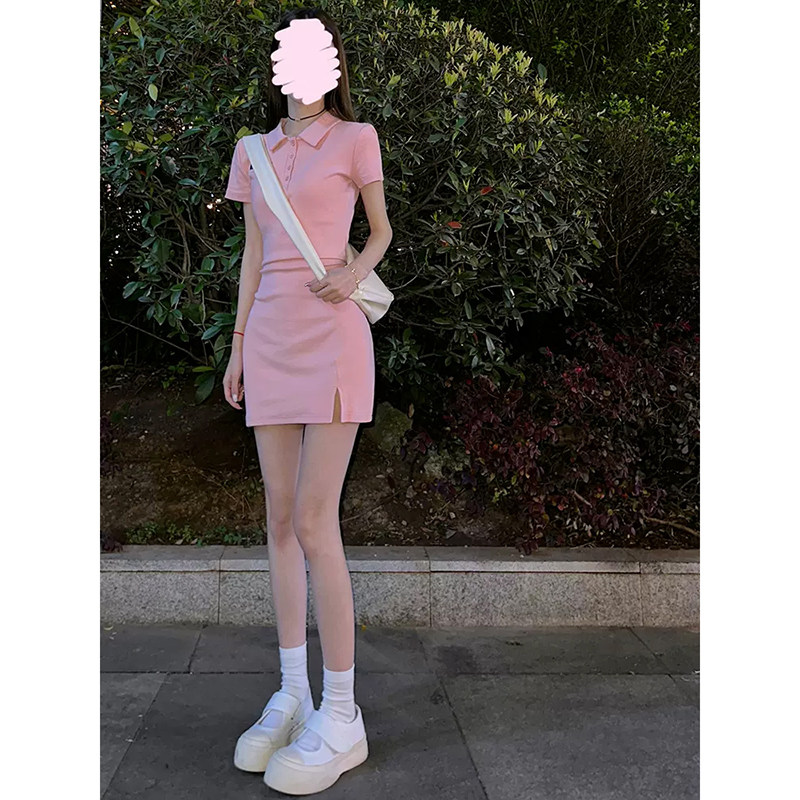 粉色POLO领包臀裙女连衣