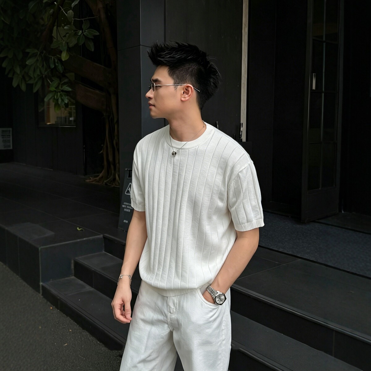 轻熟男士老钱罗纹短袖针