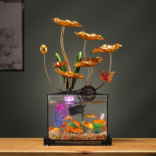 现代风简约轻奢鱼缸流水招财摆件办公室桌面客厅铁艺装饰礼品摆件