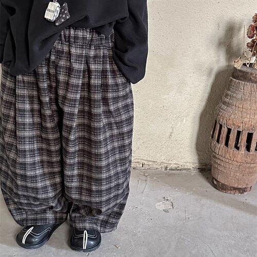 暮晨家新款秋冬2024男童磨毛格子萝卜裤长裤中小童森系复古阔腿裤