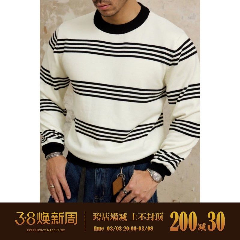 柴米复古条纹长袖全棉毛衣男士修身保暖打底针织衫休闲咔叽秋冬潮,男装,针织衫/毛衣,淘宝优惠券,粉丝福利购,淘宝优惠卷