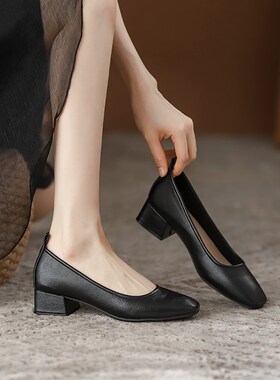 真皮鞋工作鞋女士黑色软底舒适上班高跟鞋新款空姐职业浅口单鞋33