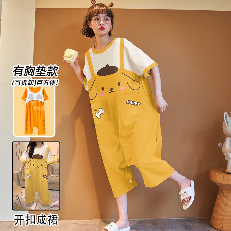 布丁狗连体睡衣女夏季纯棉带胸垫短袖大码卡通家居服孕妇胖MM睡裙