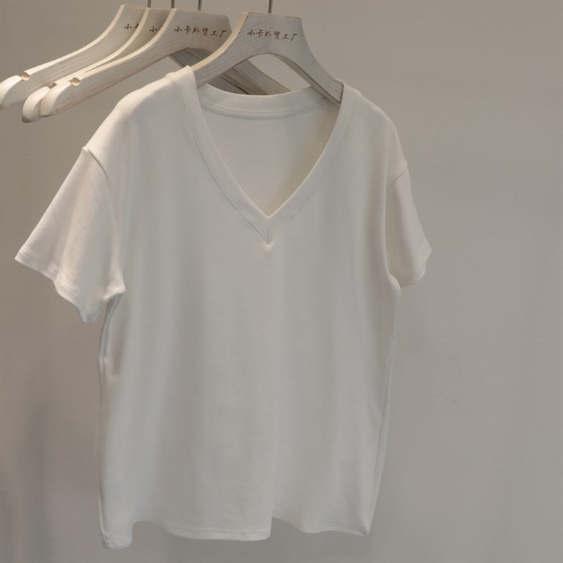 主推!V领白色棉质短袖T恤夏季简约休闲百搭女士体恤上衣韩版气质