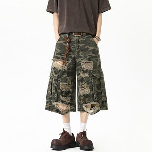 男士 牛仔短裤 夏季 薄款 美式 直筒休闲破洞七分中裤 水洗潮牌迷彩工装