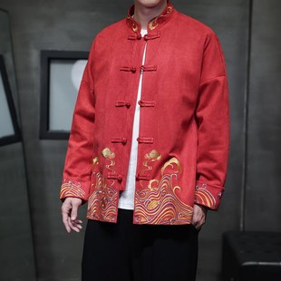 本命年大红色外套新中式国风男装刺绣唐装男款汉服夹克演出舞台服