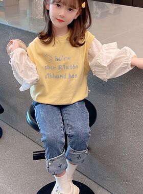 女童卫衣春装2023新款女孩洋气荷叶边假两件套头长袖春秋儿童上衣