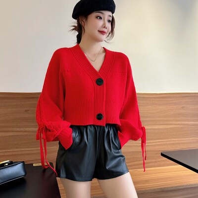 红色毛衣外套女本命年大红色高腰短款小个子秋冬新款宽松针织上衣