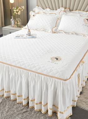 纯色大豆夹棉床笠式床裙款二合一体单件白色床罩全包防滑四季通用
