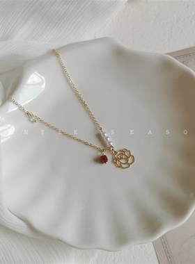 山茶玫瑰。复古法式温柔优雅小众精致珍珠气质百搭玫瑰项链锁骨链