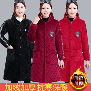 冬季2021新款长款罩衣女加绒加厚工作服厨房外罩大码妈妈棉衣外套