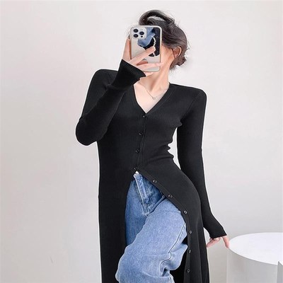 V领针织开衫中长款外套女2025春夏罩衫长修身显瘦气质包臀连衣裙