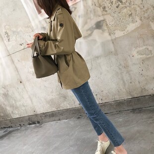 2024春季新款韩版气质短款风衣女中长款小个子外套收腰薄款卡其色