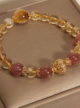 黄水晶手链女金发晶虎眼石手串小众复古高级感草莓晶串珠手环礼物