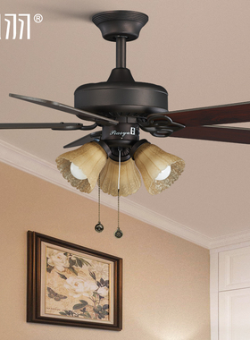 黑色复古吊扇灯欧式仿古木叶电扇灯餐厅风扇灯美式田园带灯吊扇