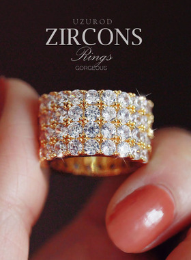 阿苏诺微镶锆石宽戒指多排四排钻大码号女多层水钻中食指粗手男士