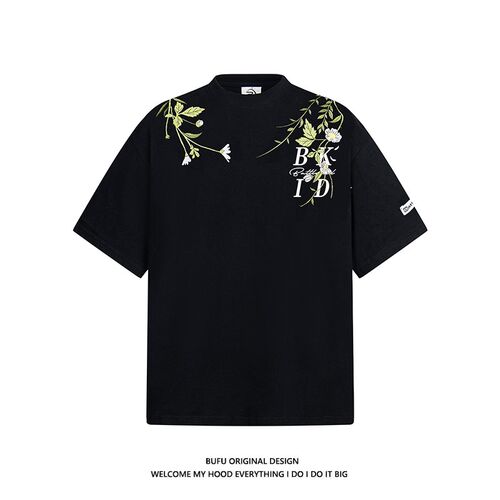 亿万少年BUFU美式花卉刺绣短袖T恤男女夏季情侣国潮牌高街上衣tee