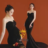 影楼孕妇照服装 黑色超显瘦露肩艺术照影楼拍照摄影连衣裙丝绒礼服