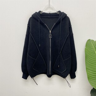 加厚连帽黑色毛呢外套女短款2023秋冬灯笼袖宽松显瘦针织开衫夹克
