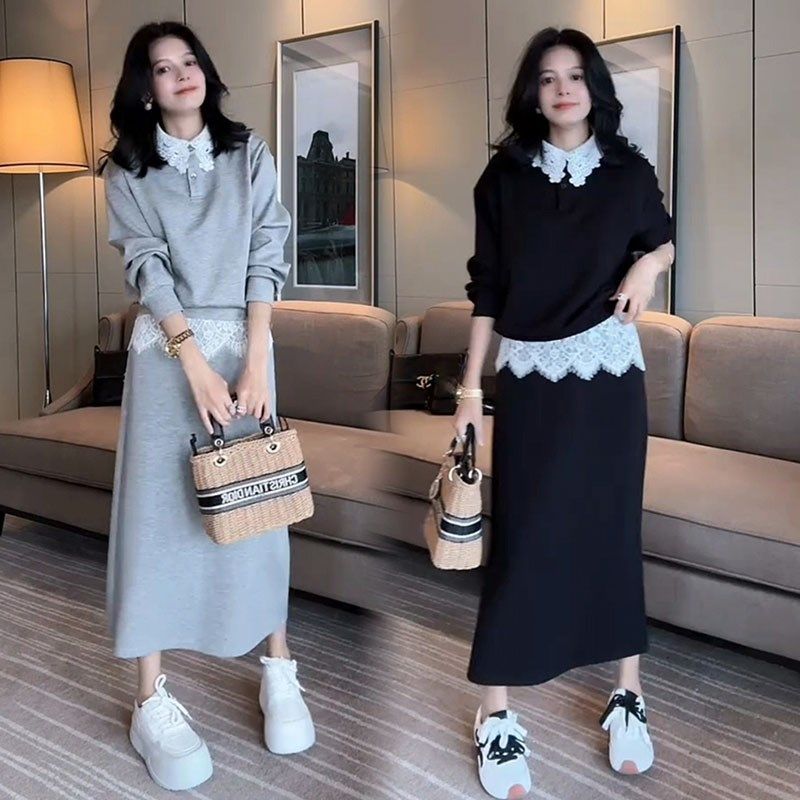 欧货拼接蕾丝时尚套装女2025春季洋气翻领设计感卫衣半身裙两件套,女装/女士精品,时尚套装,淘宝优惠券,粉丝福利购,淘宝优惠卷