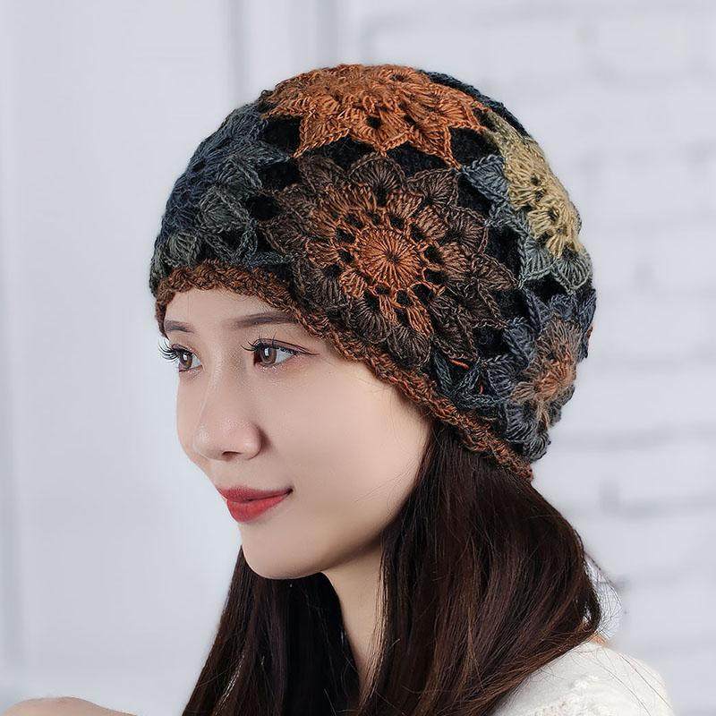 女士秋冬天钩花帽子双层保暖护耳羊毛针织帽手工花朵毛线帽大头围