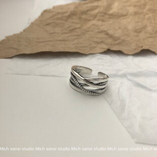 三四店 日韩版多层缠绕戒指复古麻花开口设计男女情侣925银戒指