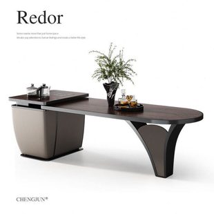 诚骏胡桃木实木岛台餐桌茶桌一体轻奢家用可伸缩新中式多功能倒台